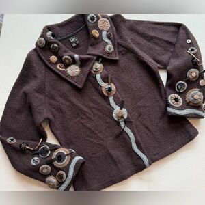 CoVelo Women’s L Wool Sweater Jacket Embellished Wearable Art Chocolate Brown